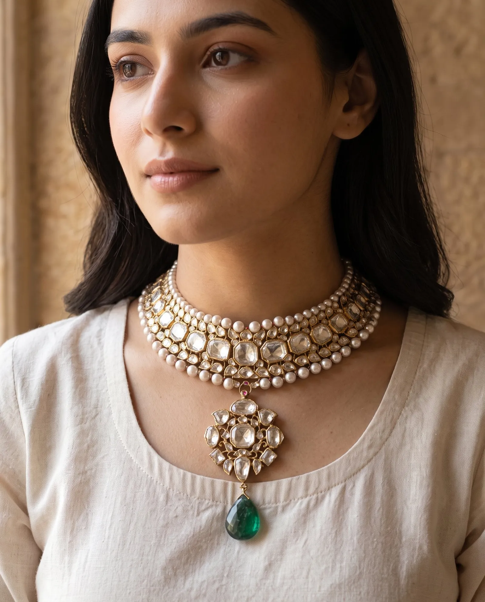 Concept render: model wearing the Kundan and polki choker in the Daily Wear Look