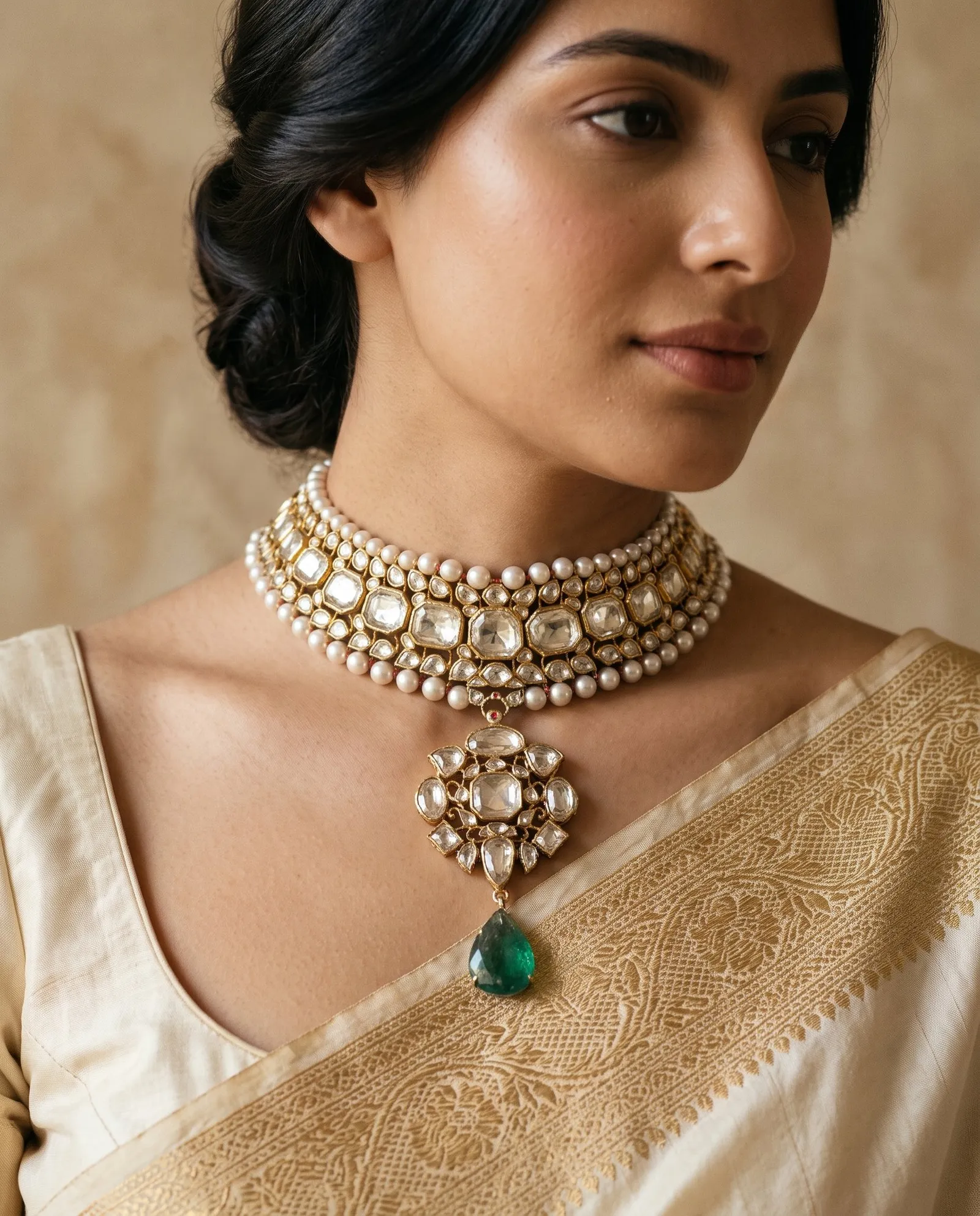 Concept render: model wearing the Kundan and polki choker in the Heritage Ivory Look