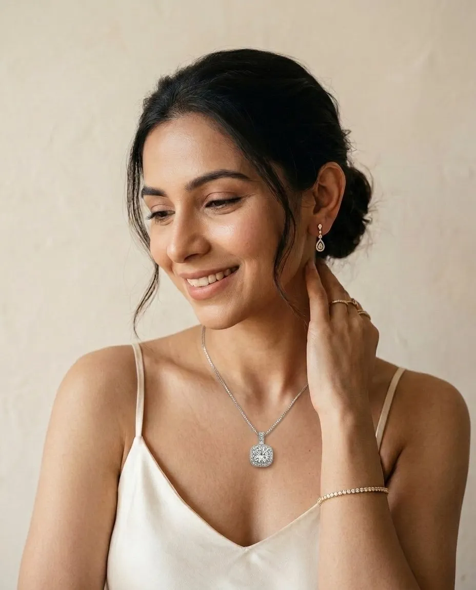 A woman wearing the same diamond solitaire pendant, a concept render made by GehnaLab from the pendant photo